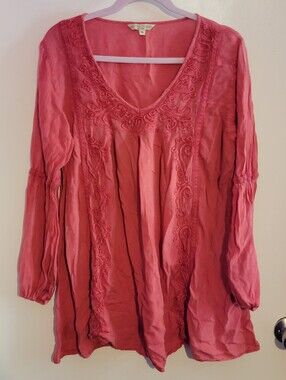 Boho Embroidered V-Neck Tunic Peasant Top - Rose Pink